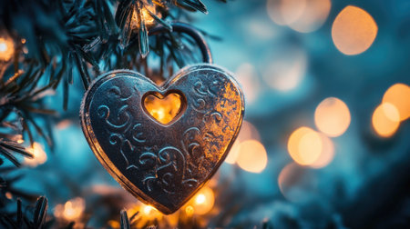 A heart lock with a shimmering reflection under soft fairy lights.の素材