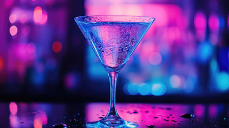 A martini glass with condensation, set against a neon-lit bar background with deep blues and purples.の素材