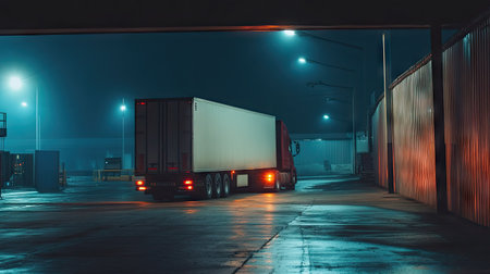 A lone semi-trailer truck with headlights on, parked in a dimly lit truck stop.の素材