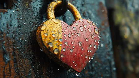 A heart-shaped padlock covered in raindrops, symbolizing love enduring through hardships.の素材