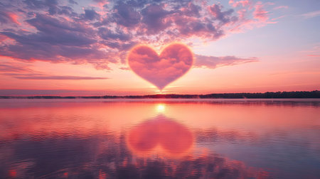 A magical pink-tinged heart cloud at sunset over a calm lake.の素材