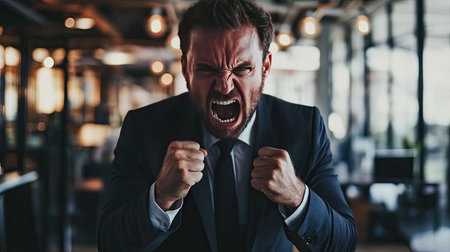 A man in a business suit clenches his fist tightly in frustration while standing in a modern office.の素材