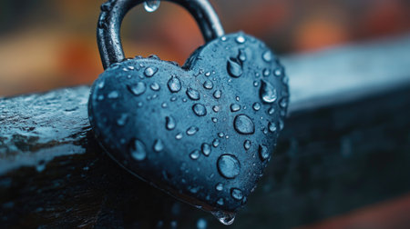 A heart-shaped padlock covered in raindrops, symbolizing love enduring through hardships.の素材