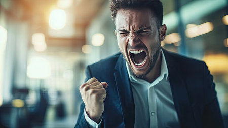 A man in a business suit clenches his fist tightly in frustration while standing in a modern office.の素材