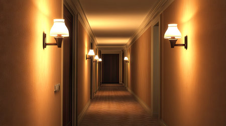 A minimalist hotel corridor dimly lit by stylish wall sconces.の素材