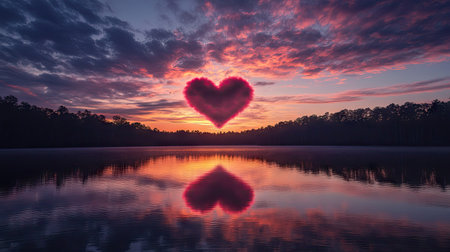 A magical pink-tinged heart cloud at sunset over a calm lake.の素材