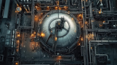 A massive storage tank for liquefied gas in an industrial refinery, surrounded by pipelines.の素材