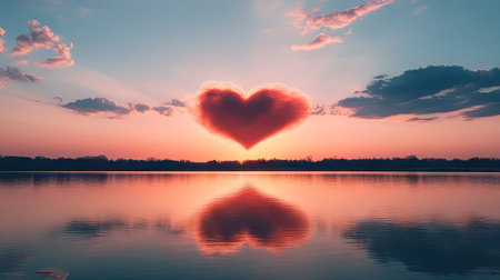 A magical pink-tinged heart cloud at sunset over a calm lake.の素材