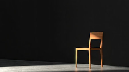 A minimalist wooden chair stands against a black void, subtle rim lighting outlining its shape.の素材
