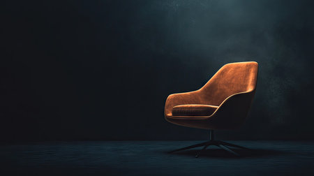 A modern designer chair stands alone in a dark photography studio, dramatic lighting from one side.の素材