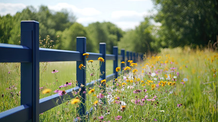 A modern bleu aluminum fence in a wildflower meadow, with soft natural light and a distant forest in the background.の素材