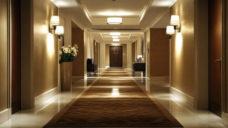 A minimalist hotel corridor dimly lit by stylish wall sconces.の素材