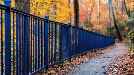 A long bleu aluminum fence lining a winding trail in the woods, with soft autumn colors in the background and a crisp, clear sky.の素材