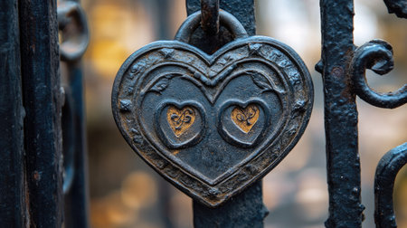 A heart lock with two initials carved on it, attached to a historic iron gate.の素材