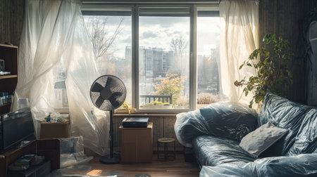 A living room with protective plastic over the windows and an industrial fan for ventilation.の素材
