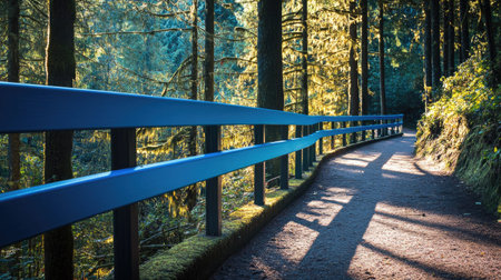 A modern bleu aluminum fence standing beside a walking trail in a forest, with sunlight casting soft shadows through the trees.の素材
