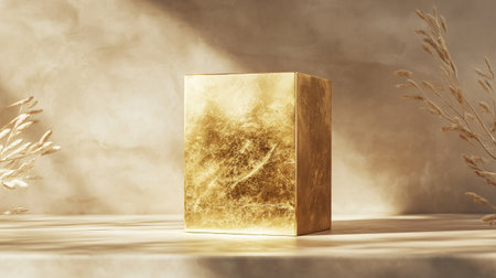 A luxurious golden pedestal with a polished surface, perfectly displaying a premium product against a neutral, soft-focus background.の素材