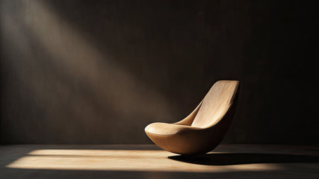 A modern designer chair stands alone in a dark photography studio, dramatic lighting from one side.の素材