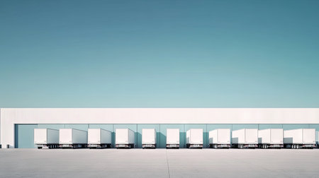 A line of white semi-trucks resting in a distribution center under a clear blue sky.の素材