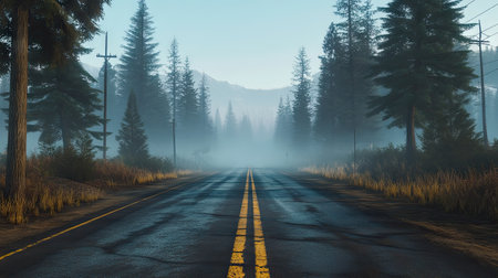 A misty rural road with two solid yellow lines, bordered by tall pine trees in the early morning light.の素材
