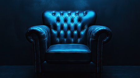 A modern leather chair bathed in moody blue lighting, surrounded by deep darkness.の素材