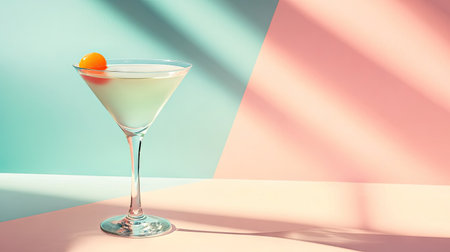 A minimalistic martini presentation on a pastel-colored background with soft shadows.の素材