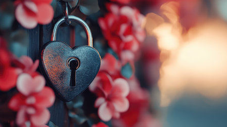 A love-themed wedding decoration featuring a heart lock and a key.の素材