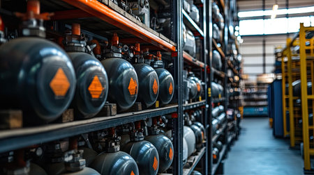 A metal rack holding multiple compressed gas tanks in a factory's storage section.の素材