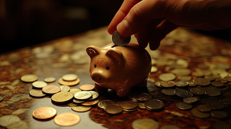 A hand gently putting a coin into a small piggy bank, with coins scattered on a table around it.の素材