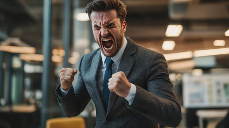 A man in a business suit clenches his fist tightly in frustration while standing in a modern office.の素材