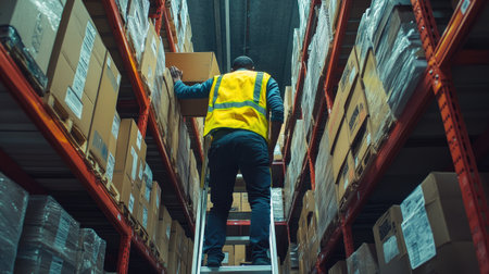 A man in a bright yellow safety vest climbing a step ladder while organizing boxes on a high shelf.の素材