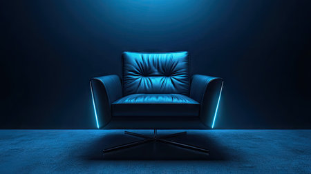 A modern leather chair bathed in moody blue lighting, surrounded by deep darkness.の素材