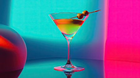 A high-contrast martini close-up with an olive skewer, against a futuristic electric blue and magenta background.の素材