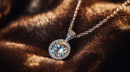 A luxurious diamond pendant necklace resting on a plush velvet surface, with intricate details and light reflections.の素材