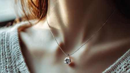 A high-end luxury natural diamond pendant necklace hanging gracefully on a woman's neckline, glowing in soft light.の素材