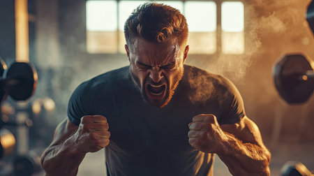 A man in a gym clenches his fists in anger after an intense workout, with weights scattered around.の素材