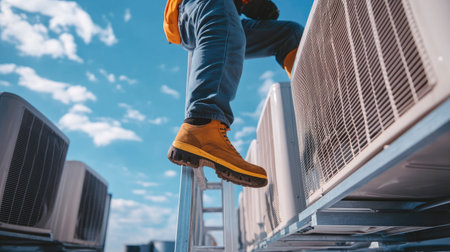 A maintenance worker in safety shoes climbing a ladder to inspect a rooftop AC unit in an industrial area.の素材