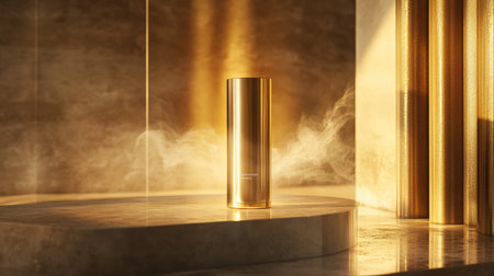 A luxury golden pedestal with delicate design, highlighting a high-end product on display under soft, ambient lighting.の素材