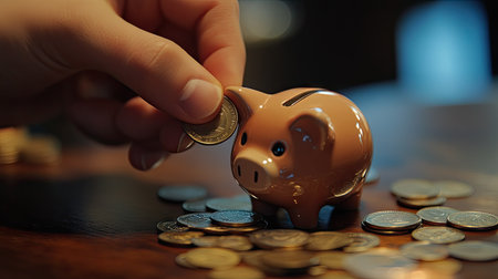 A hand gently putting a coin into a small piggy bank, with coins scattered on a table around it.の素材