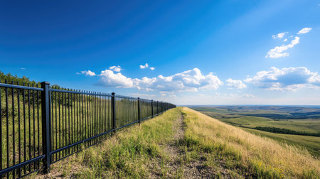 A modern bleu aluminum fence placed on a hilltop, overlooking a vast natural landscape with bright blue skies and green fields.の素材