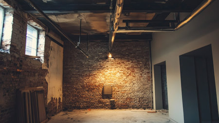A modern loft-style interior under renovation, featuring exposed brick walls and industrial lighting.の素材