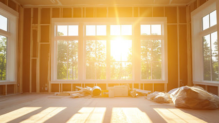A home with newly installed windows, piles of construction materials, and sunlight streaming in.の素材
