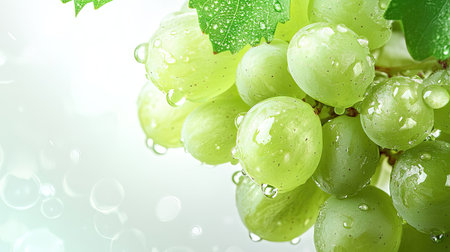 A natural green grape cluster with water droplets, isolated on a clean white background to emphasize freshness.の素材