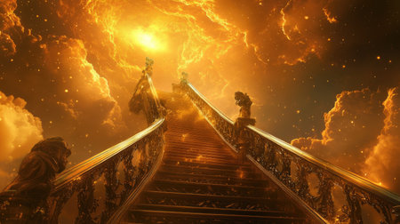 A metallic staircase with intricate railings ascending toward a glowing sky filled with golden light.の素材