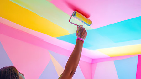 A hand holding a paint roller applies light pastel paint to a ceiling during a DIY project.の素材