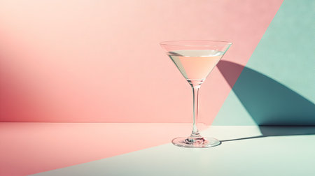 A minimalistic martini presentation on a pastel-colored background with soft shadows.の素材