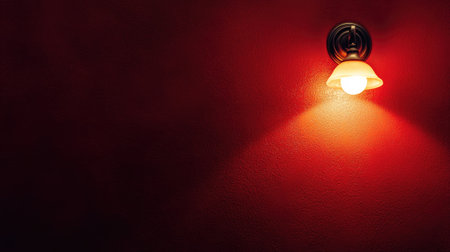 A lonely wall lamp on a deep red wall, spreading soft, moody light.の素材