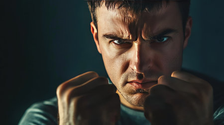 A man clenches his fists and stares into the distance with a determined yet angry expression.の素材