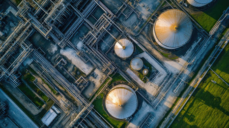 A manufacturing plant with large gas storage tanks connected to a network of pipes.の素材