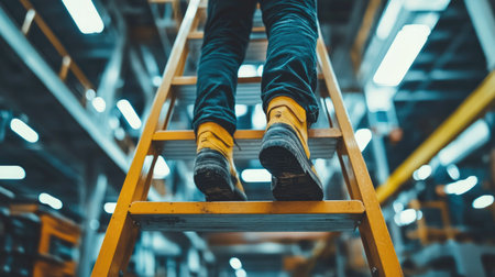 A man wearing safety shoes climbs a sturdy step ladder in a bright, well-lit industrial warehouse.の素材